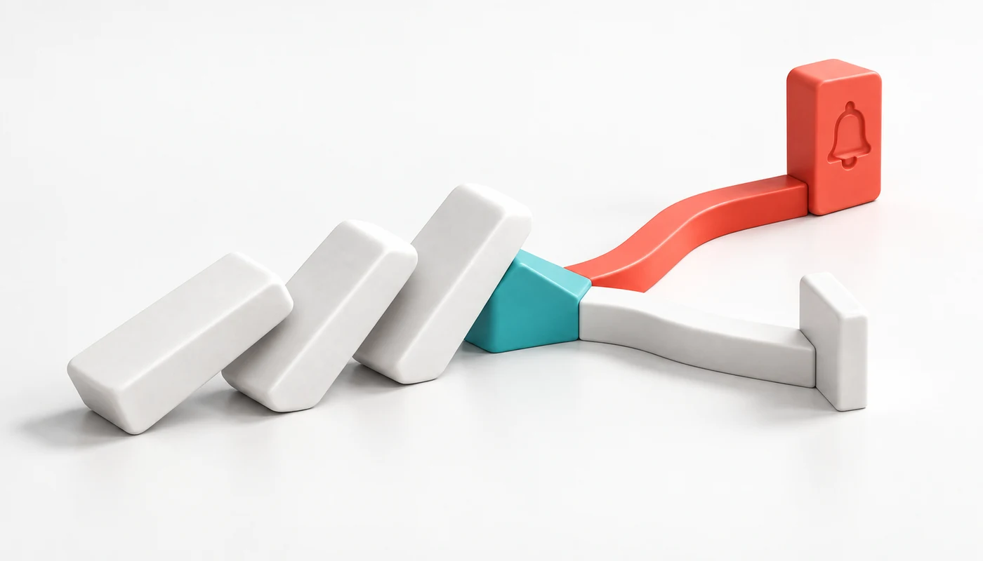 A ceramic domino path splits into a notification route and a stopped route